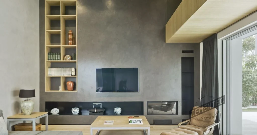 TV unit in microcement on plasterboard and wooden furniture.